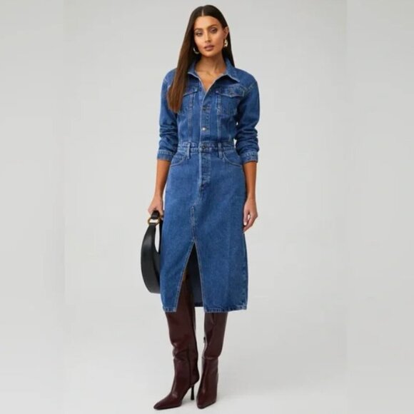 New! Favorite Daughter The‎ City Denim Long Sleeve Midi Dress in Los Angeles - Picture 1 of 9